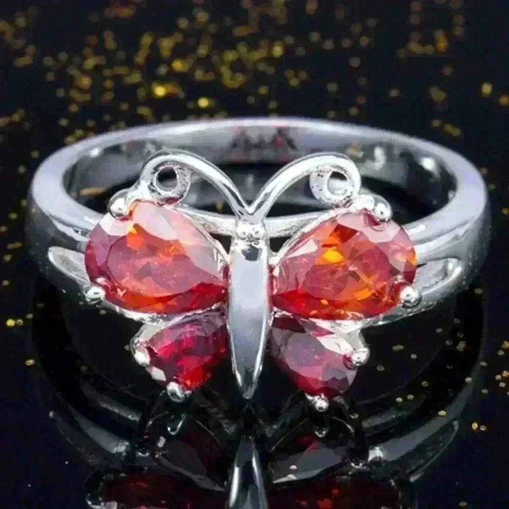 🔥 925 Silver Plated Ruby Red Sapphire CZ Cute Butterfly Ring, GPMB1473